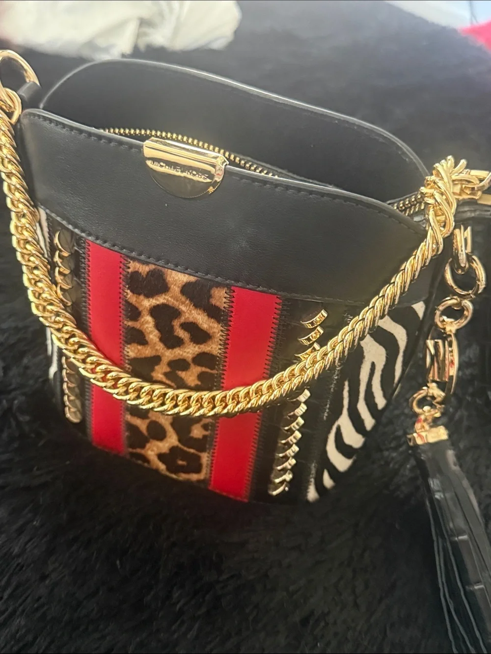 Michael Kors Black Zebra Leopard Crossbody with Red Stripes
